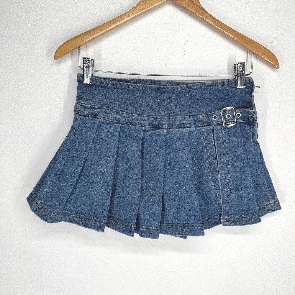 Womens Pleated Denim Micro Mini Skirt Skort Side Buckle Y2K Size S Bratz Jean